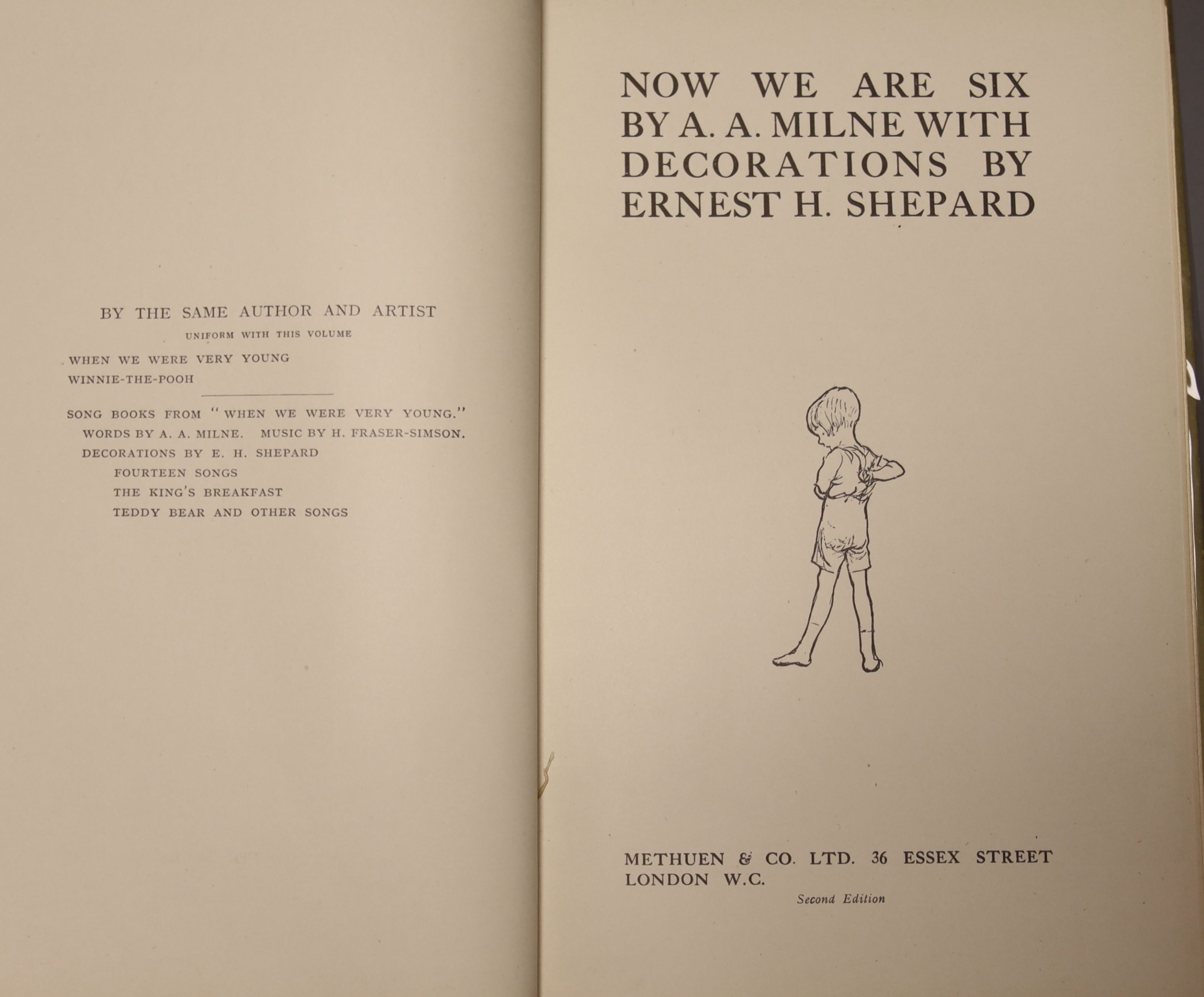 Milne, A.A., 'Winnie The Pooh', 8 vols, (d.j. present, some tears and losses, Methven & Co. Ltd., 2nd edition, together with Milne, A.A. 'Now We Are Six', 8 vols (d.j. present, some minor tears and losses, Methven & Co.,